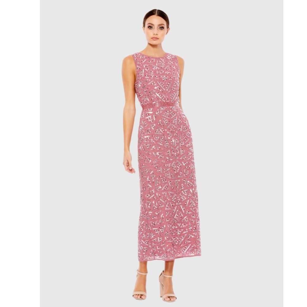 MAC DUGGAL: Geometric Patterned Sequin Midi Dress (NWT)